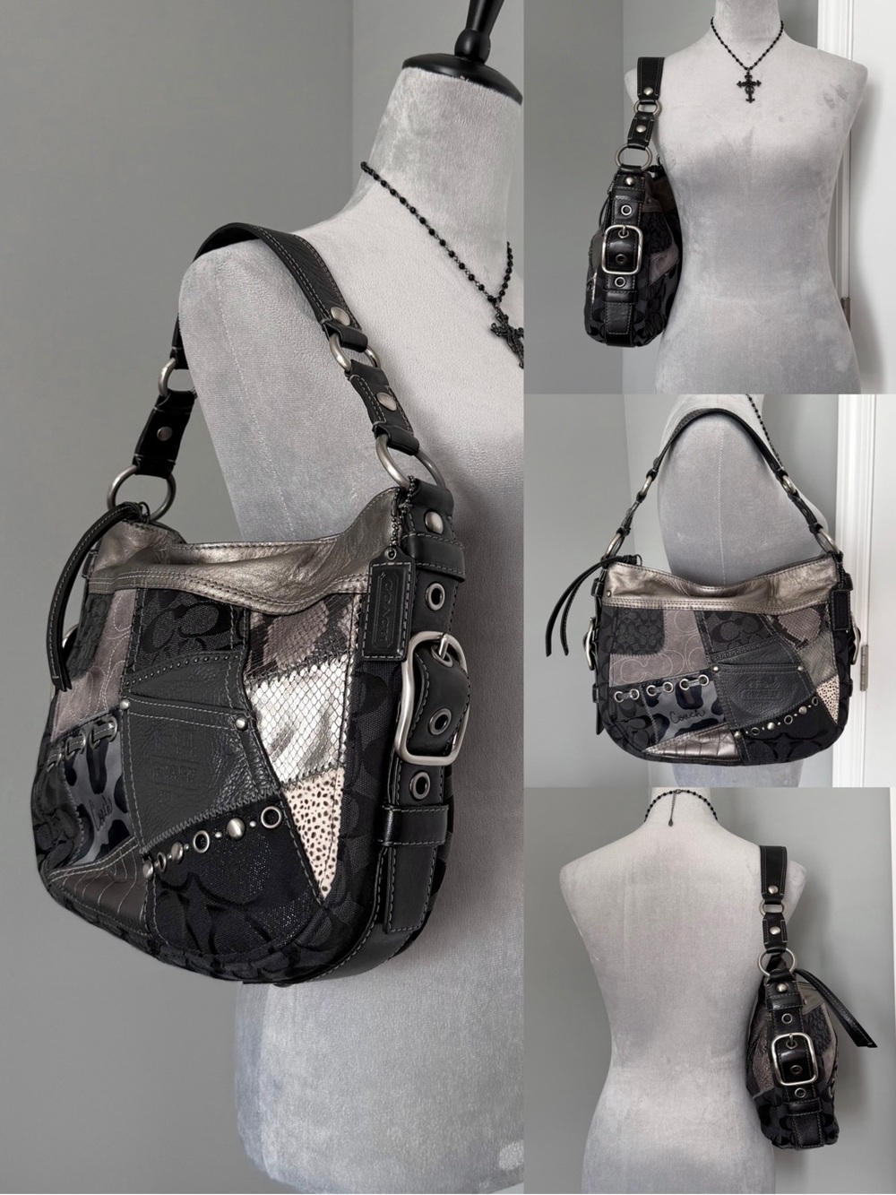 Coach Zoe Black & Gray Signature Patchwork Shoulder Bag 12901